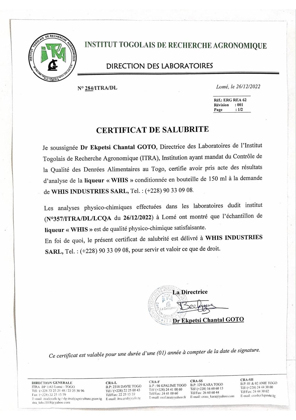 Certificat de salubrité ITRA pour la liqueur WHIS